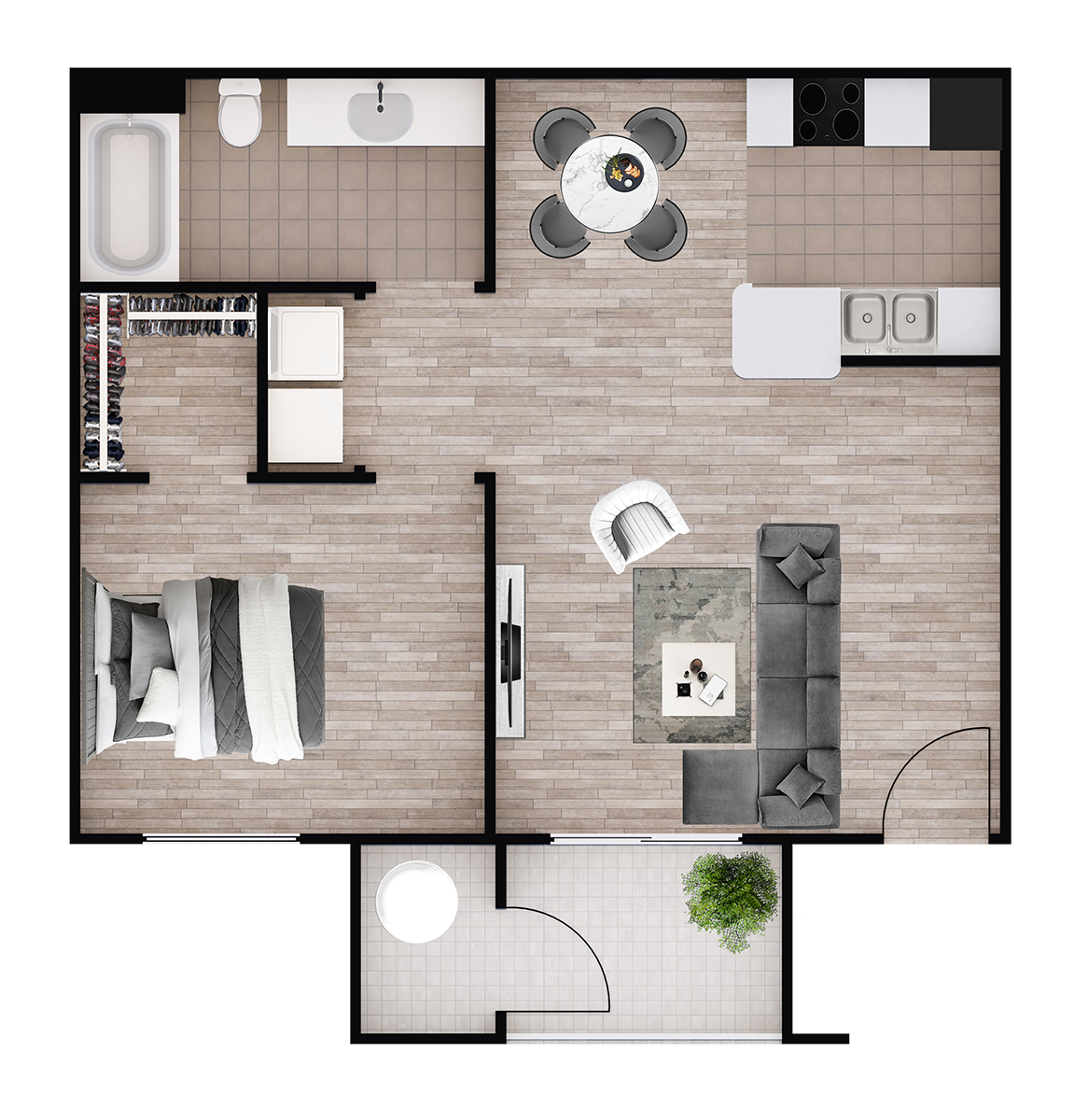Floor plan for 1 bed, 1 bath, 676 sqft